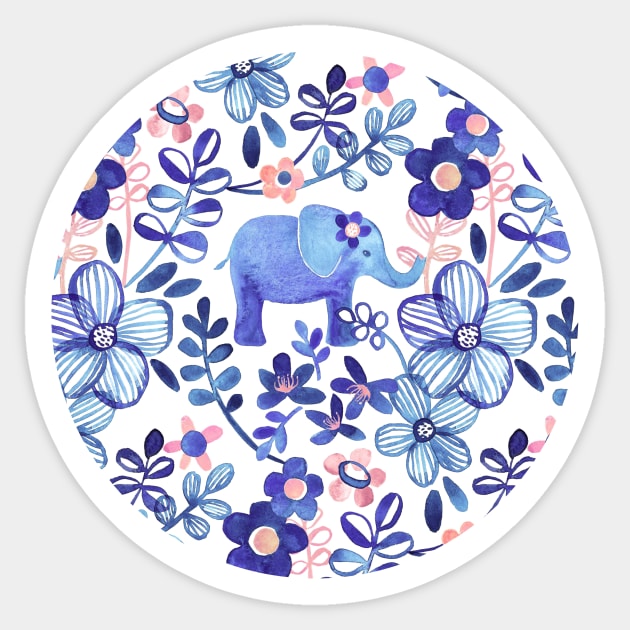 Pale Coral, White and Purple Elephant and Floral Watercolor Pattern Sticker by micklyn